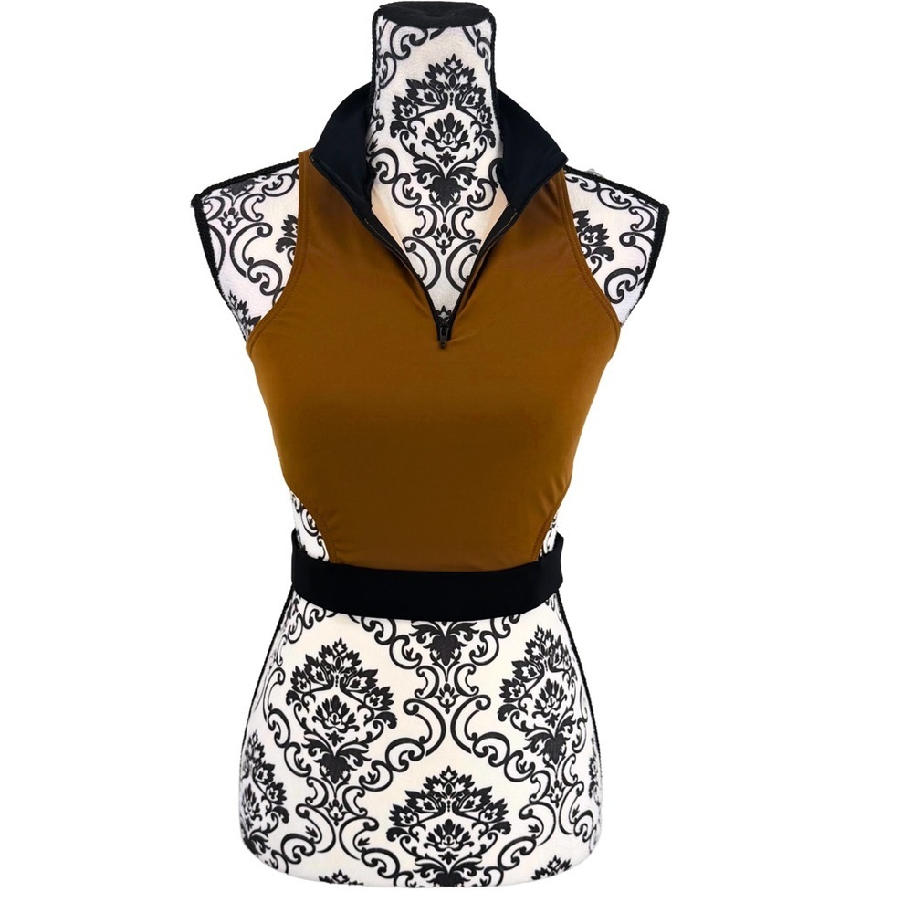 Weissman Brown Quarter Zip Mock Neck Cropped w/ Side Cutouts Dance & Sports Tank